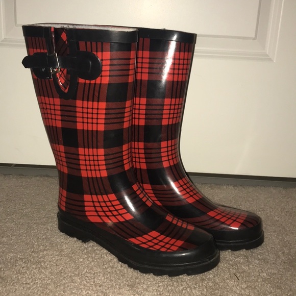 red plaid rain boots